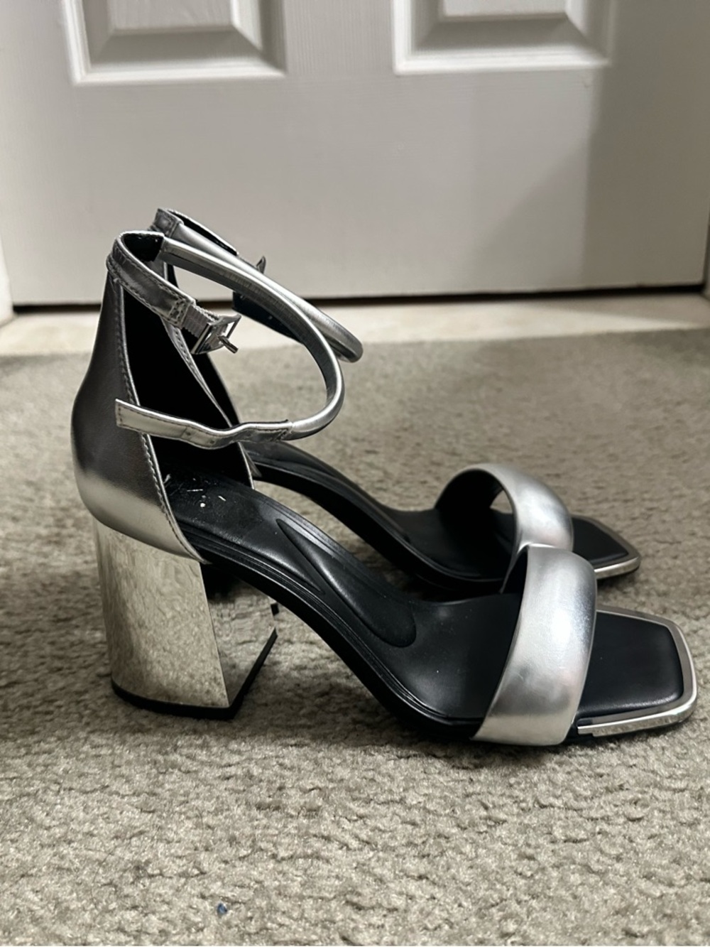 DKNY Silver Women's Scarla Ankle Strap Sandals with Block Heel